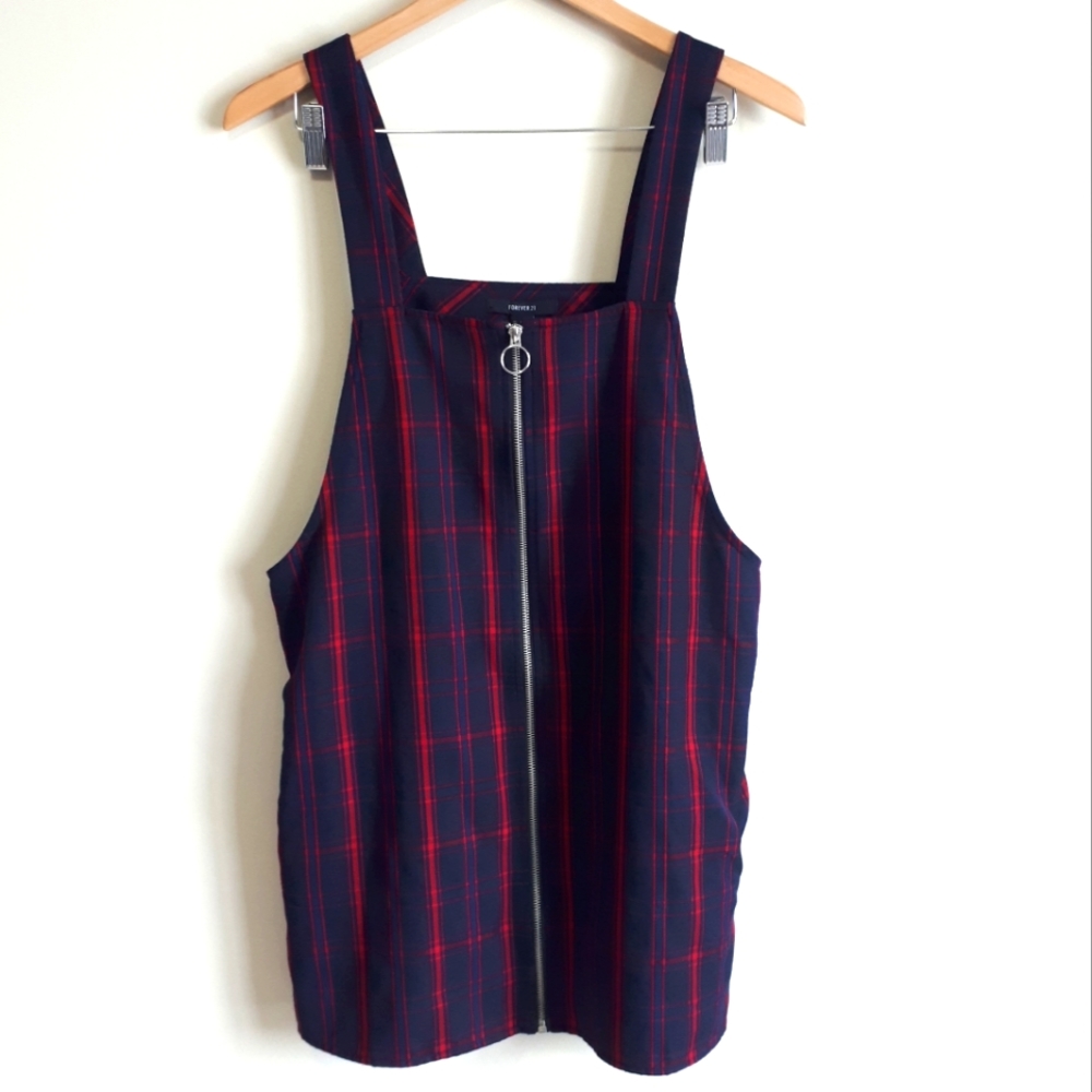 FOREVER 21 / L / Women's Tartan Plaid Pinafore Full Front Zip Mini Dress - Red